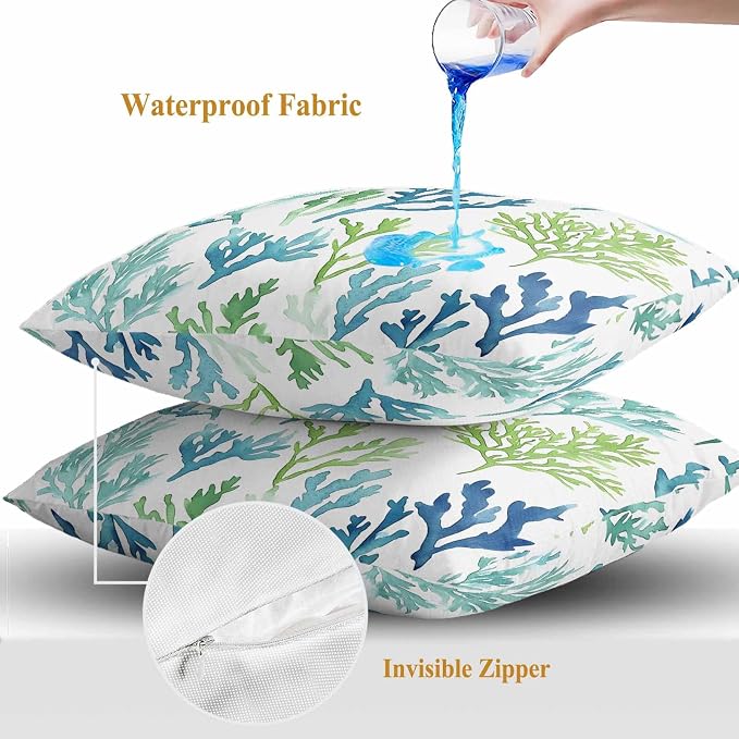 Ocean Teal Outdoor Waterproof Throw Pillow Covers Set of 2, 20"x20", Blue Green Coral Underwater Garden Coastal Decorative Pillow Covers Outside Cushion Case for Patio Porch Garden