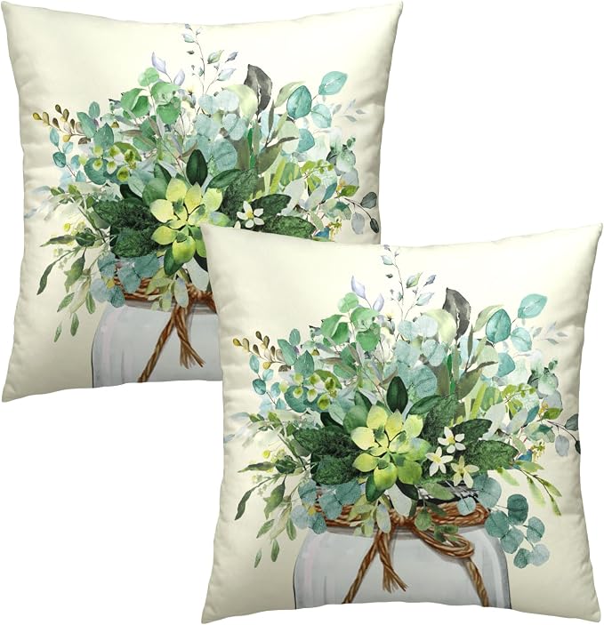 Watercolor Eucalyptus Leaves Pillow Covers Set of 2, 16x16 Inch Spring Summer Natural Green Plant Floral Cotton Square Pillow Case Soft Cushion Cover for Couch Sofa Living Room