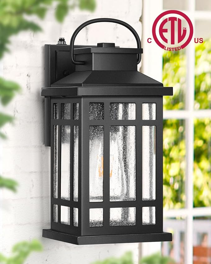 Porch Lights Outdoor, 2 Packs Dawn to Dusk Outside Light Fixture, Aluminum Patio Light Fixture with Seeded Glass, Outdoor Sconce Lights for Garden, Exterior Wall Lantern Wall Mount for Garage