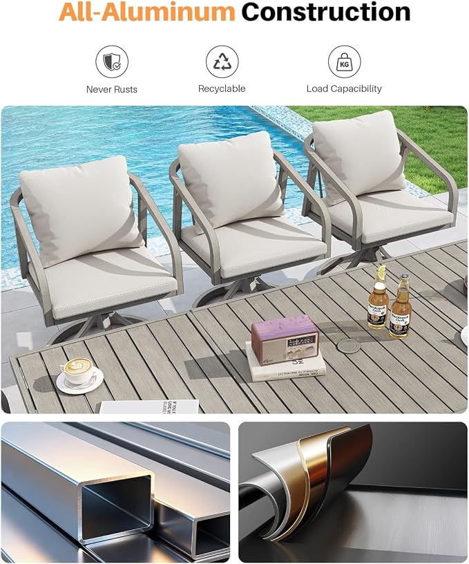 2-Piece Outdoor Swivel Chairs, Patio Dining Chairs with Removable Cushions, Never-Rust Aluminum Outdoor Dining Chairs with Wraparound Seating Design for Garden, Deck, Backyard, Gray Oak