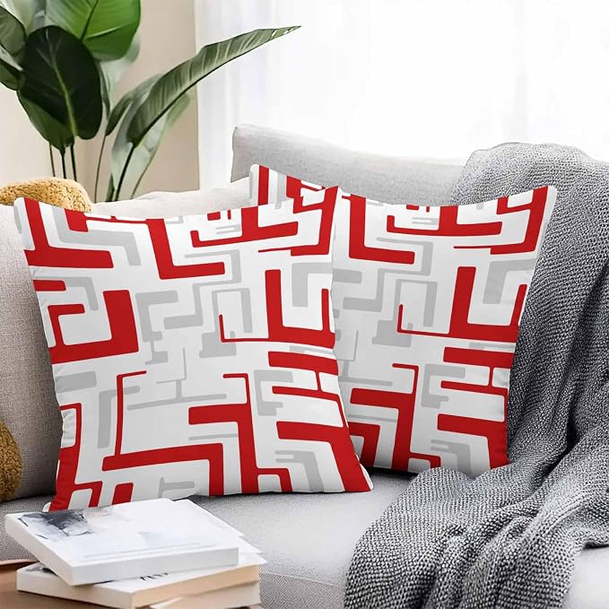 Vandarllin Outdoor Throw Pillows Covers 18x18 inch Set of 2 Waterproof Red Geometric Stripes Decorative Zippered Cushion Covers for Patio Furniture, Modern Abstract Lines Lumbar Pillowcases