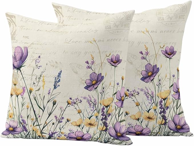 Spring Floral Outdoor Waterproof Throw Pillow Covers Set of 2, 18"x18", Purple Yellow Flower Leaves Retro Letter Texture Decorative Pillow Covers Outside Cushion Case for Patio Porch Garden