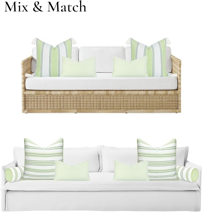 Hofdeco Premium Coastal Hampton Outdoor Performance Lumbar Pillow Cover Only, 12"x20" Water Repellent, UV and Fade Resistant for Backyard, Couch, Poolside, Grass Green Woven Coastline Stripes
