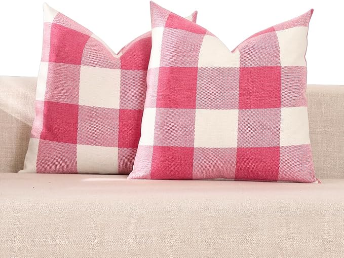 CARRIE HOME Pink and White Buffalo Check Plaid Throw Pillow Covers 16x16 Set of 2 Modern Farmhouse Decorative Accent Pillows 16 x 16 Pink Room Decorations for Bed Couch and Sofa