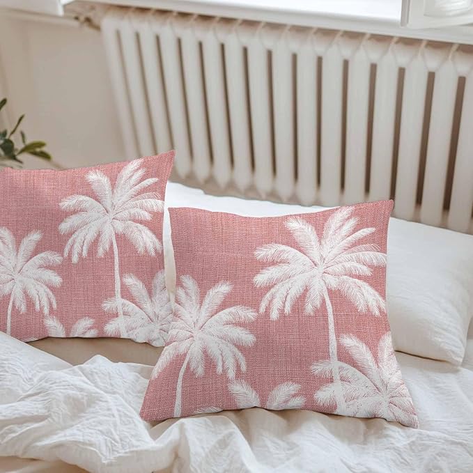 Outdoor Pillow Covers 16x16 Inch Set of 2, Pink Palm Trees Waterproof Throw Pillow Covers, Farmhouse Tropical Summer Beach Decorative Cushion Pillowcases for Couch, Sofa, Bed, Garden, Patio