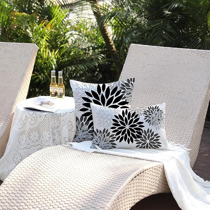 DFXSZ Outdoor Waterproof Pillow Covers 12x20 Set of 2 Black Grey Flower | Spring Summer Waterproof Flower Throw Pillowcases（No Inserts）Outdoor Decor for Patio Funiture Garden Polyester Covers