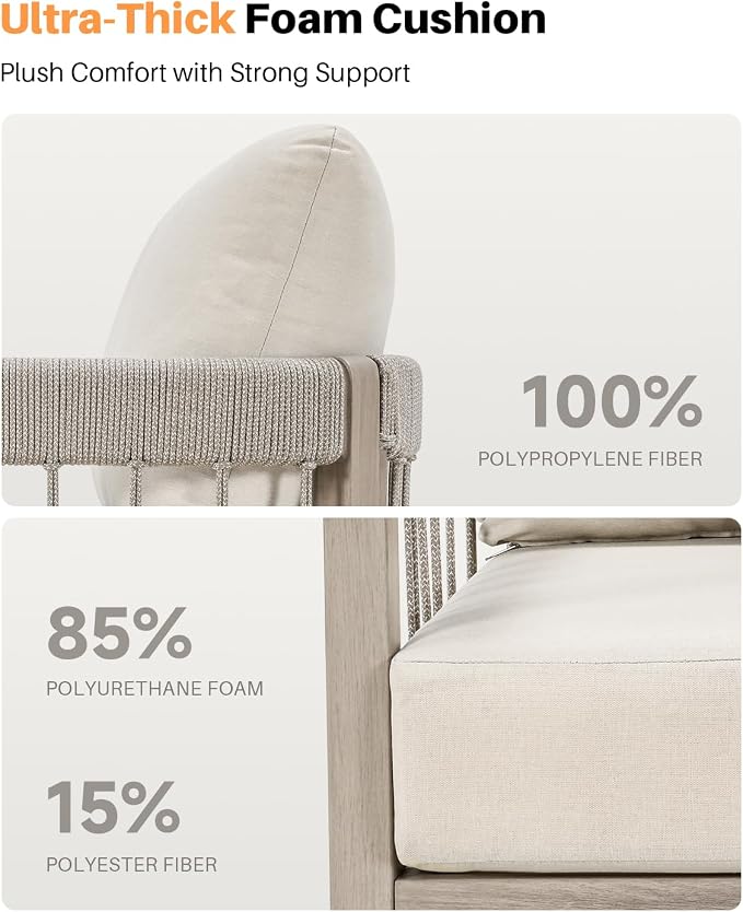 3-Seater Outdoor Aluminum Sofa, Never-Rust Patio Sofa Couch with Faux Wood Grain Finish Frame, Rope Weave Outdoor Sofa with Extra Thick Cushions, Outdoor Patio Couch for Deck, Porch, Garden