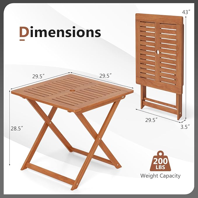 Outdoor Dining Table, Folding Bistro Table with 2" Umbrella Hole & X-Shaped Frame, Square Foldable Patio Table for Outdoors, Camping, Picnic, Yard (1)
