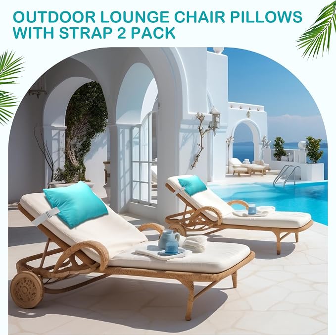 Lineshading 4 Pcs Chaise Lounge Pillow with Strap Outdoor Waterproof Pool Chair Neck Headrest Pillows with Adjustable Elastic Band for Beach Patio Chair Recliner(Light Blue,Solid)