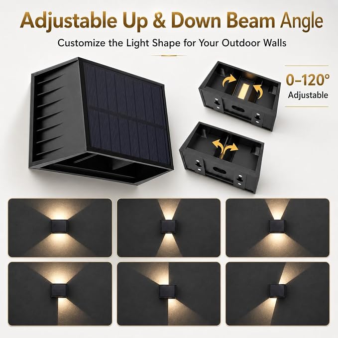 T-SUN 4 Pack Solar Powered Wall Lights Outdoor, Up Down Solar Wall Sconce | IP65 Waterproof Decorative Accent Lights for Front Porch, Fence, Patio, Backyard, Deck,Garden, Pool
