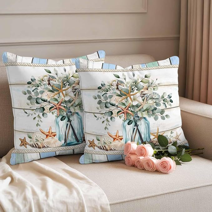 Green Eucalyptus Waterproof Outdoor Pillow Covers Set of 2 Home Decor, Botanical Floral Starfish in Vase Pillowcase Patio Pillow Covers for Couch Bench Furniture Garden 20x20in
