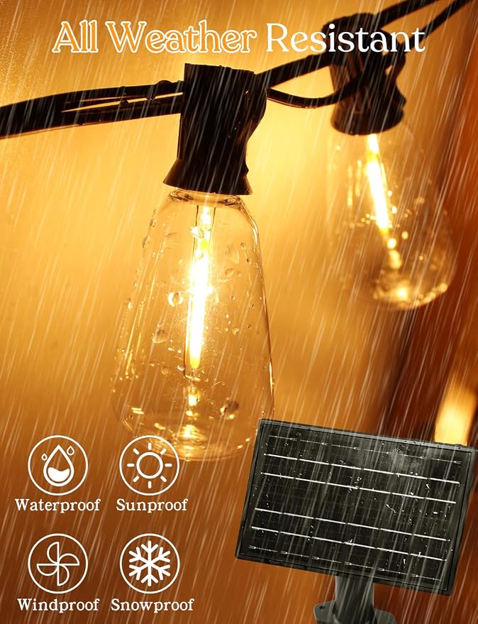 50ft Solar Outdoor String Lights with Remote - USB Rechargeable Solar Powered Outdoor Patio Lights, Larger 1.5W Solar Panel, Timer, Dimmable Shatterproof ST38 Bulbs for Backyard, Garden, Pool