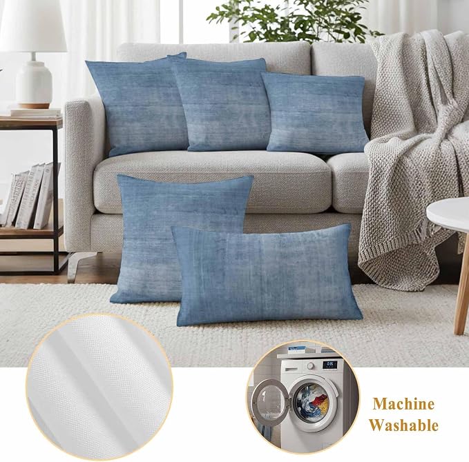 Vandarllin Outdoor Throw Pillows Covers 20x20 inch Set of 2 Waterproof Blue Linen Decorative Zippered Cushion Covers for Patio Furniture, Solid Color Texture Lumbar Pillowcases