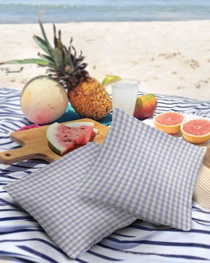 Outdoor Waterproof Throw Pillow Covers Set of 2 Purple Buffalo Plaid Pillowcases 24x24 Inches Linen Classic Checked Patio Decorative Pillows Cushion Case Patio Pillows for Couch Bed Chair Garden
