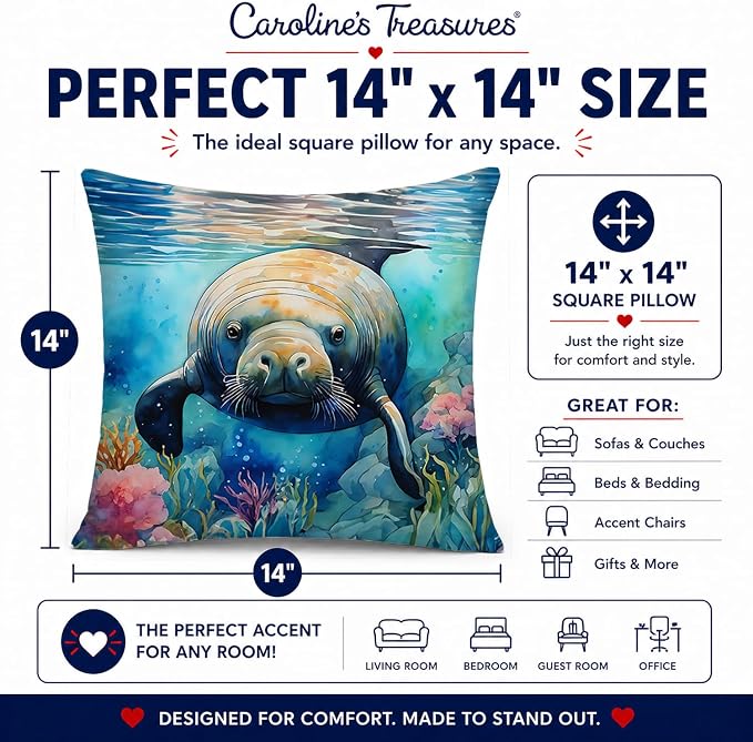 Caroline's Treasures Manatee Throw Pillow Machine Washable, Indoor Outdoor Decorative Pillow for Couch, Bed or Patio, 14Hx14W