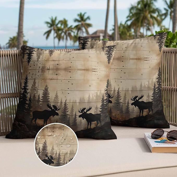 Nature Landscape Outdoor Waterproof Pillow Covers Pack of 2, Rustic Moose Forest Pine Silhouettes Wildlife Throw Pillowcases Decorative Cushion Covers for Garden Patio Tent Sofa Couch, 16x16 inch