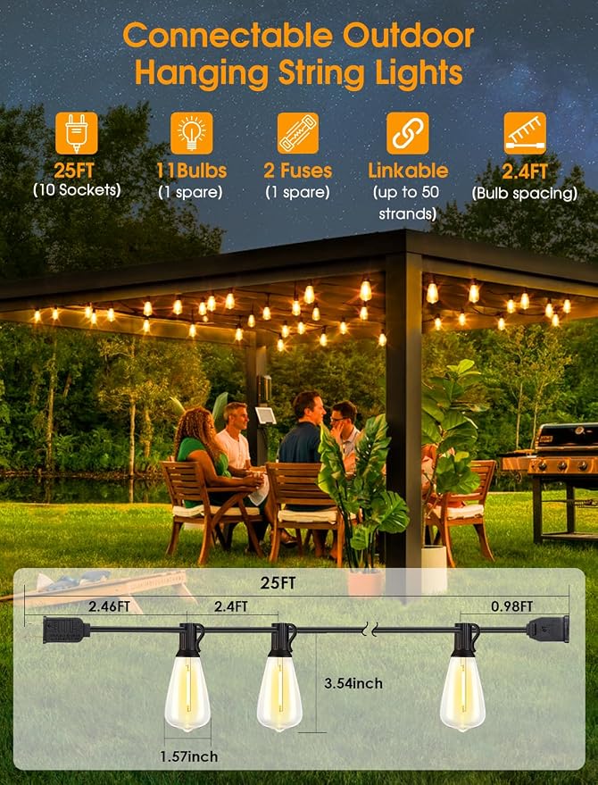 25FT Outdoor String Lights, Patio Lights with 10+1 LED Dimmable Waterproof Shatterproof ST38 Retro Edison 2700K Bulbs for Balcony Yard, Black