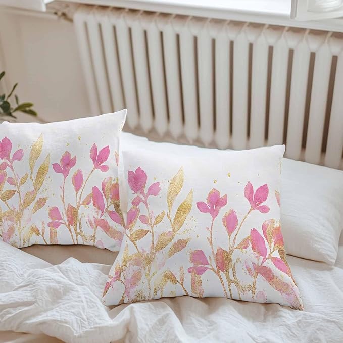 Vandarllin Outdoor Throw Pillows Covers 18x18 inch Set of 2 Waterproof Pink Yellow Flowers Decorative Zippered Cushion Covers for Patio Furniture, Wildflowers Lumbar Pillowcases