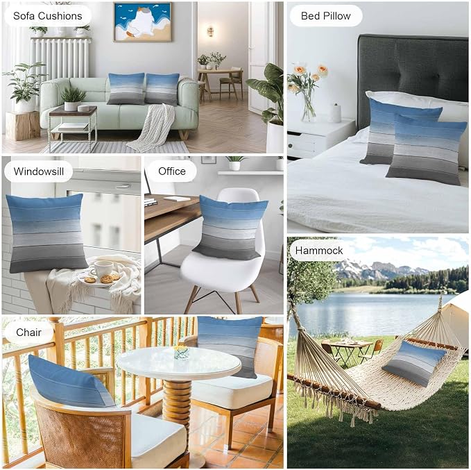 Blue Gray Outdoor Pillow Covers 16x16 Inch Throw Pillow Covers Set of 2 Waterproof Decorative Pillow Cases Vintage Farmhouse Gradient Wooden Grain Art Cushion Covers for Patio Furniture Garden Couch