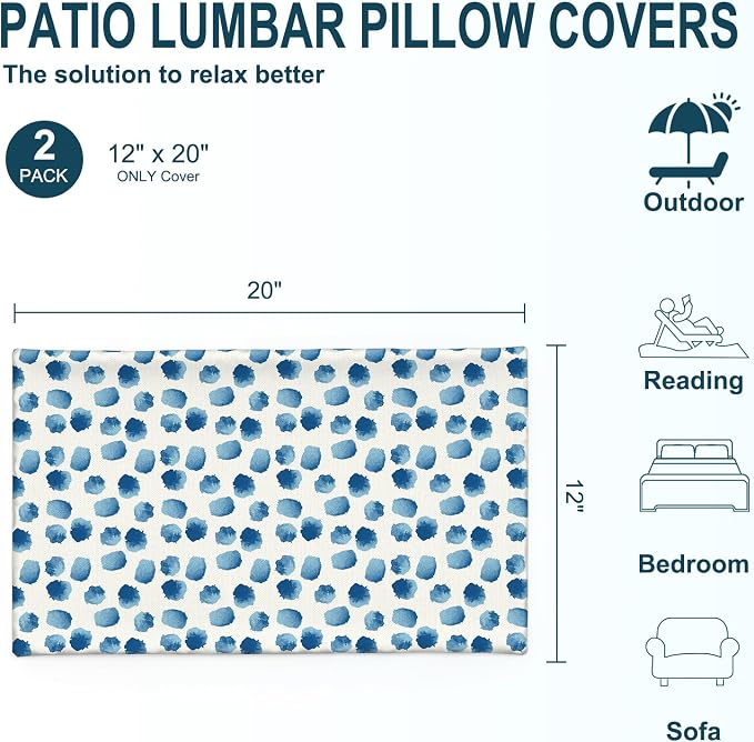DYTXIII Pack of 2 Outdoor Waterproof Lumbar Pillow Covers ONLY, 12x20 Rectangle Decorative Double Printed Pillow Cases for Patio Couch Porch Furniture - Brush Blue