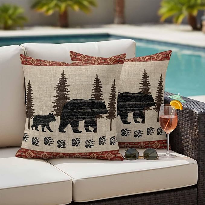 Bear Outdoor Waterproof Throw Pillow Covers 24 x 24 Inches Set of 2 Pine Forest Nature Bear Nature Vintage Boho Decorative Cushion Cover Pillowcase for Garden Patio Tent Beach Livingroom Sofa Couch