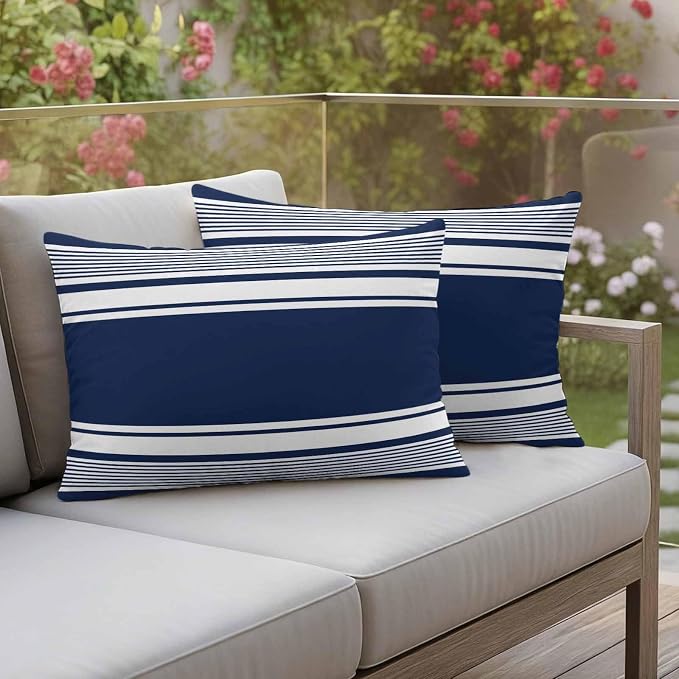 Vandarllin Outdoor Throw Pillows Covers 20x12 inch Set of 2 Waterproof Navy Blue Stripes Decorative Zippered Cushion Covers for Patio Furniture, Striped Lines Lumbar Pillowcases