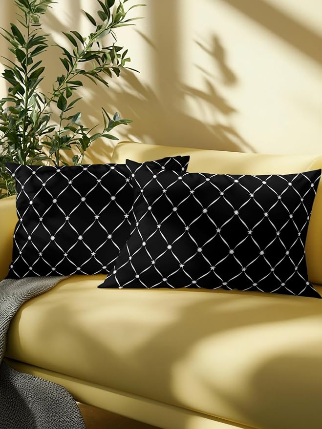 Vandarllin Waterproof Outdoor Pillow Set of 2 Black Grid Plaid Decorative Throw Pillows Cover & Insert 20x12 Inch Lumbar Pillowcase Diagonally Crossed Lines Pillows for Couch Sofa Bed Patio Furniture