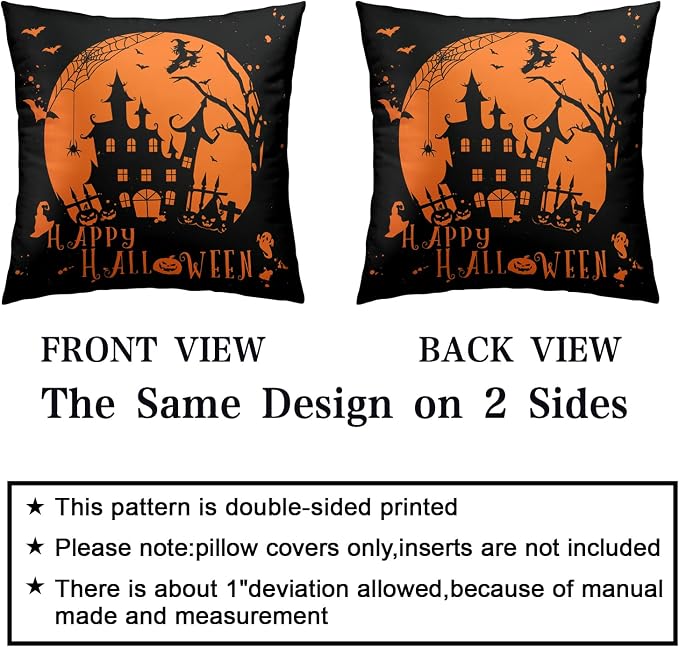 Set of 2 Decorative Throw Pillows - 24x24 Orange and Black Witch, Bat, Spider Web, Ghost Halloween Pillow Covers for Bed, Sofa, Couch