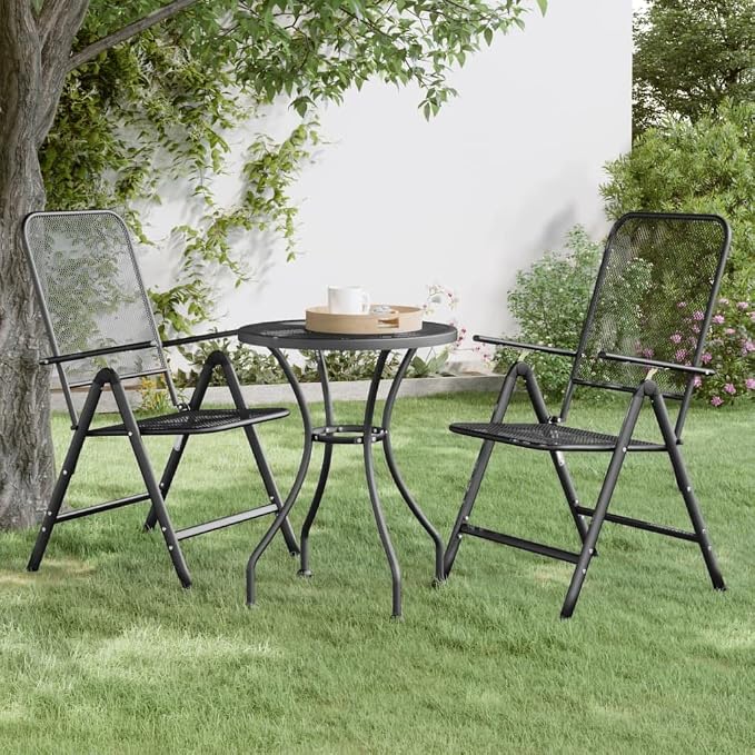 Outdoor Bistro Table 24 Inch Round Metal Mesh Patio Table Anthracite Small Garden Balcony Dining Table for 2 Compact Weather-Resistant Furniture