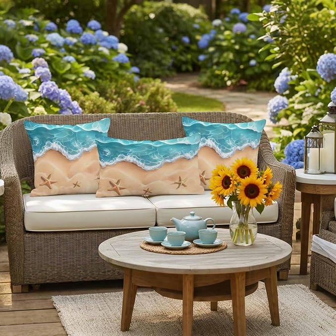 Ocean Beach Waterproof Outdoor Pillow Covers Set of 2 Home Decor, Starfish Sea Waves Coastal Seaside Sand Pillowcase Patio Pillow Covers for Couch Bench Furniture Garden 16x16in