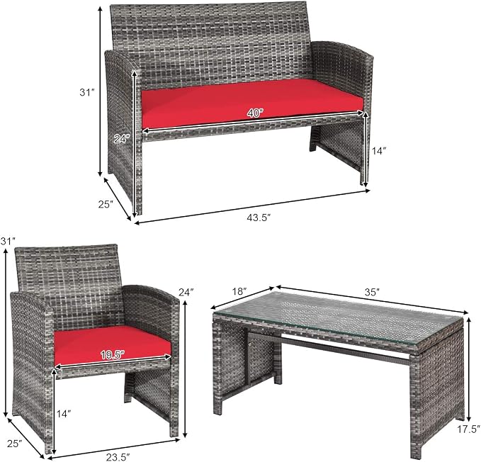 HAPPYGRILL 4pcs Patio Converstation Set with Soft Cushions Rattan Furniture Set with PE Wicker Coffee Table & Sofa Chairs for Garden Poolside Porch Backyard