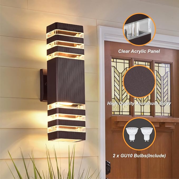 DASTOR Up and Down Outdoor Wall Lights, 3-Layer Brown Modern Outdoor Lights for House, Waterproof Exterior Light Fixture Wall Mount Outdoor Lighting for Porch Garage, 2 Pack