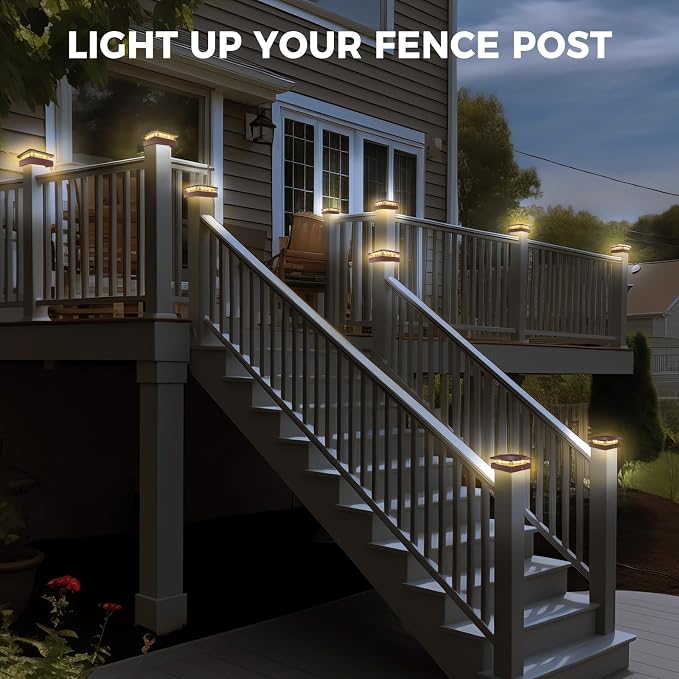 4x4 Solar Post Cap Lights Outdoor with 3 Modes, 8 Packs Brown Fence Light Solar Powered Waterproof, Wood/Vinyl Posts Caps Lights for Deck Yard Garden Patio Porch Railing Outside