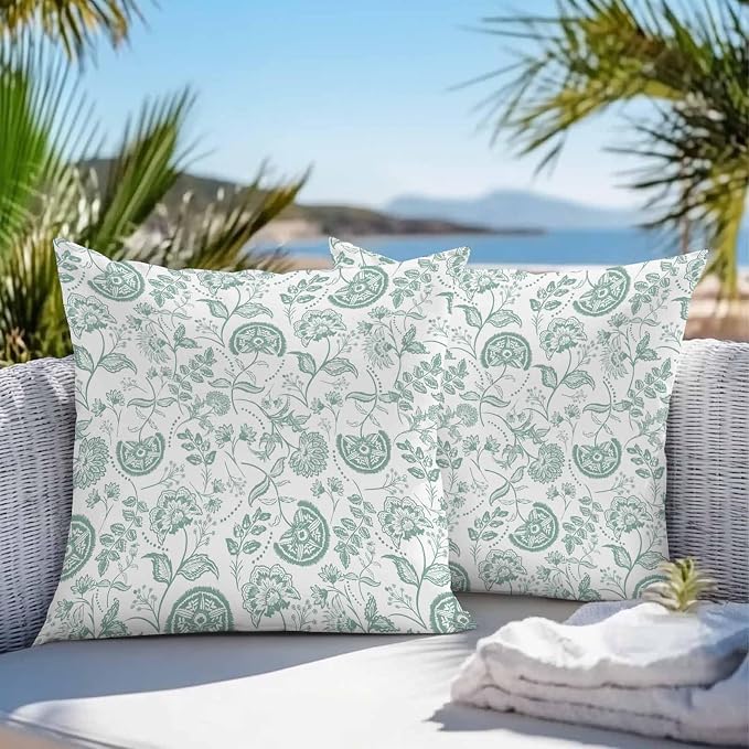 Summer Turquoise Flower Outdoor Pillow Covers 20x20in Pack of 2 Waterproof Pillowcase Retro Farmhouse Pastoral Botanical Decorative Throw Cushion Case for Patio Couch Sofa
