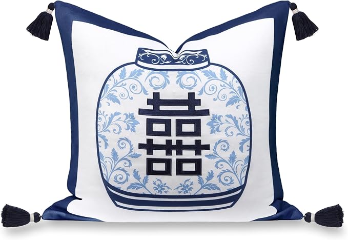 Hofdeco Premium Coastal Hampton Patio Indoor Outdoor Throw Pillow Cover Only, 20"x20" Water Repellent for Backyard, Couch, Poolside, Navy Blue Embroidered Happiness Chinoiserie Vase