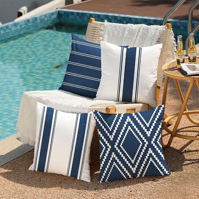 DFXSZ Outdoor Navy Blue Waterproof Geometry Pillow Covers 20x20 Set of 4 | Spring Summer Waterproof Modern Throw Pillowcases（No Inserts） Outdoor Decor for Patio Funiture Garden Polyester Covers