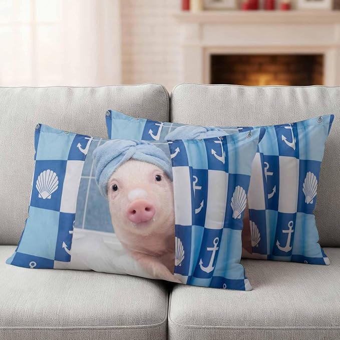 Bathing Pig Waterproof Outdoor Pillow Covers Set of 2 Home Decor, Funny Animal Showering Lumbar Pillowcase Patio Pillow Covers for Couch Bench Patio Furniture Garden 20x12in
