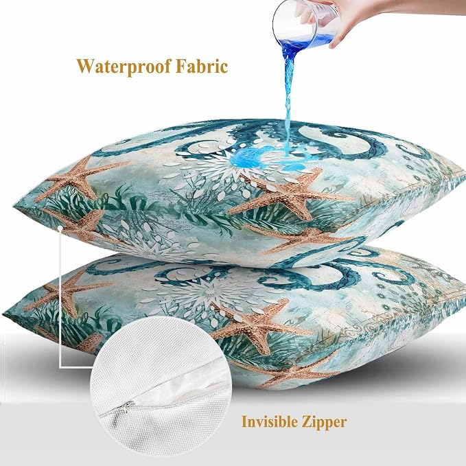 Ocean Creature Outdoor Waterproof Throw Pillow Covers Set of 2, 20"x20", Eight Pawfish Corals Sea Stars Decorative Pillow Covers Outside Cushion Case for Patio Porch Garden