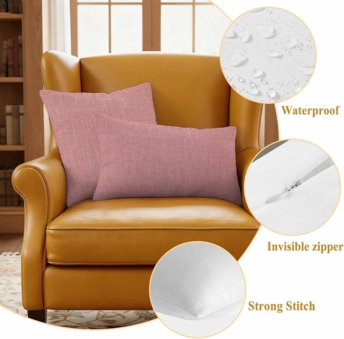 Outdoor Waterproof Throw Pillow Covers Set of 2 Peach Pink Linen Pillowcases 18x18 Inches Farmhouse Pure Color Decorative Pillows Cushion Case Patio Pillows for Couch Bed Chair Garden