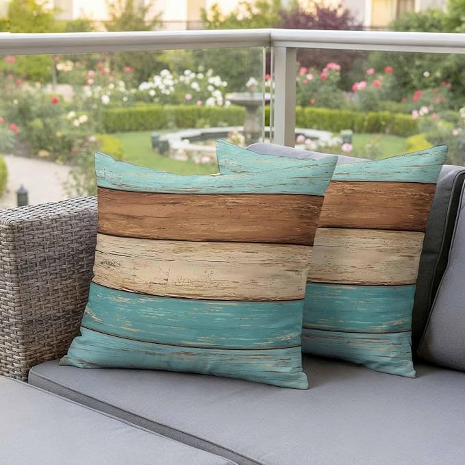 Farmhouse Aqua Brown Outdoor Waterproof Pillow Covers, Vintage Wooden Striped Decorative Square Throw Pillowcase Sofa Cushion Sham for Patio/Couch/Chair, 18"x18" 2 Pack
