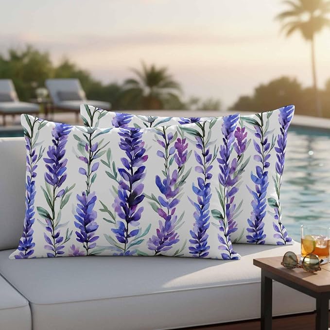 Outdoor Waterproof Pillow Covers 20x12Inch Spring Purple Lavender Throw Pillowcases for Patio Garden Couch Sofa Watercolor Floral Art Decorative Cushin Case,Pack of 2