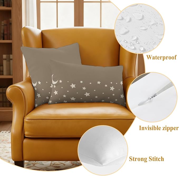 Stars Moon Waterproof Outdoor Pillow Covers Set of 2 Home Decor, Starry Night Khaki Pillowcase Patio Pillow Covers for Couch Bench Patio Furniture Garden 26x26in