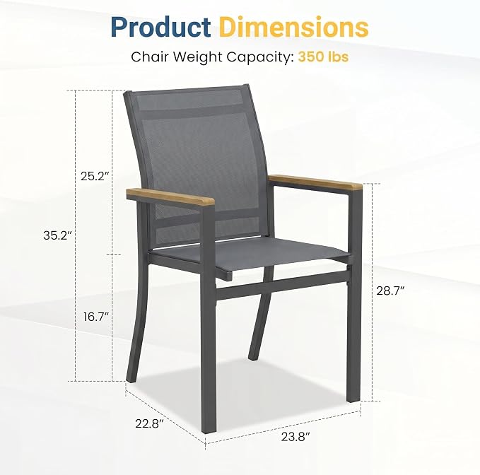 Aluminum Patio Chairs Set of 6 for All-Weather, Outdoor Patio Chairs with Breathable Quick-Drying Textilene, Outdoor Chair with 110° Ergonomic High Backrest for Porch, Patio, Garden, Deck, Backyard