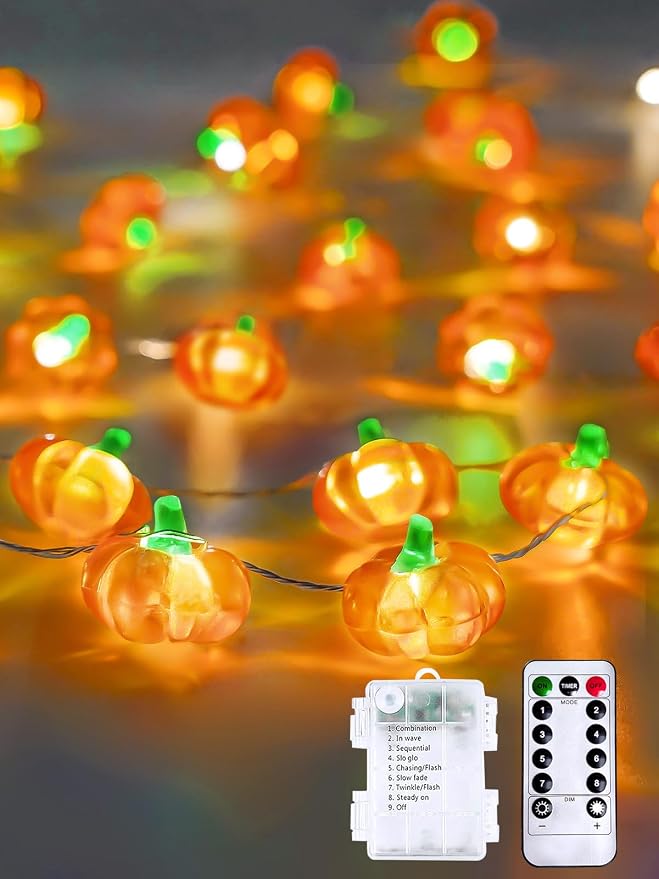Fall Decorations 3D Pumpkin Fairy Lights Battery Operated 10FT 30LED Orange | Timer, 8 Modes, Remote Control, Waterproof String Light for Indoor Outdoor Garland Harvest Thanksgiving Halloween decorations