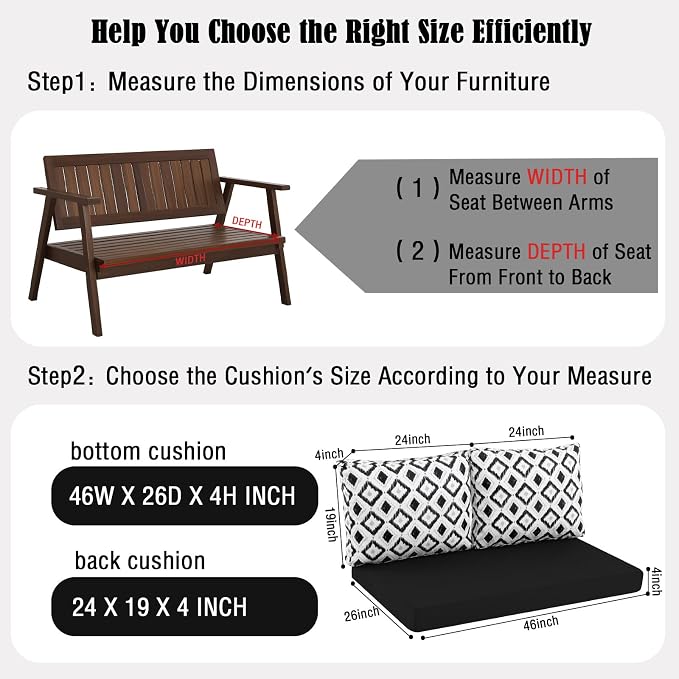 Outdoor Loveseat Cushions for Patio Furniture, Waterproof Cushion | Couch Hampton Bay Deep Seat Cushion Replacement Set 46" x 26", Patio Love Seat Sofa Cushions for Porch Garden Chair, Black