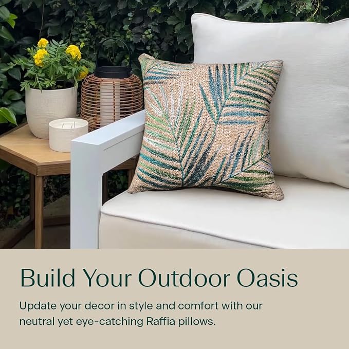 Honeycomb Outdoor Square Toss Pillows for Patio Furniture, 17 x 17, 2-Pack | Raffia Palm Green Throw Pillows, Water & Fade Resistant for Patio Furniture Set, 2-Pack