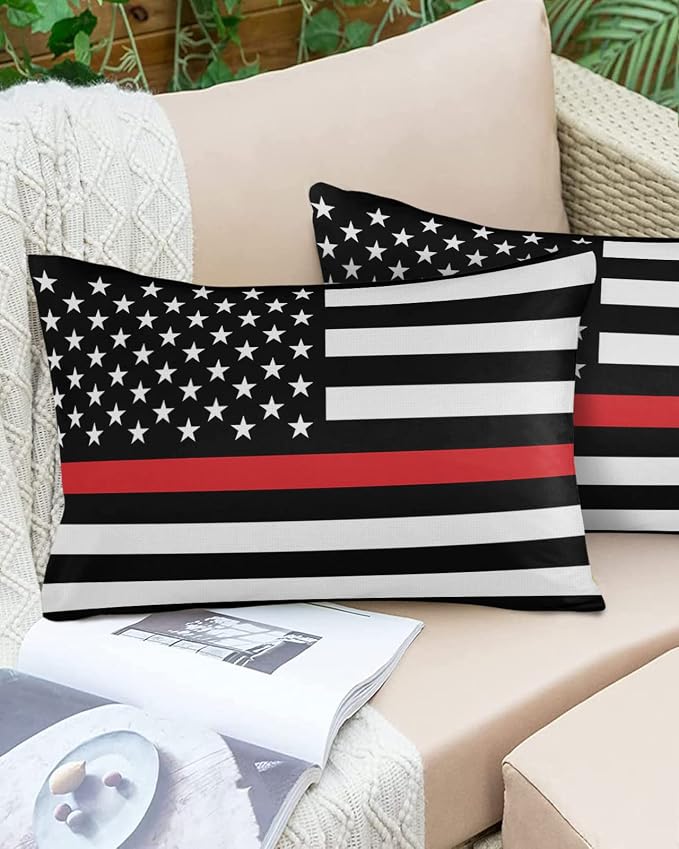Outdoor Waterproof Pillow Covers Set of 2, Thin Red Line Flags American Firefighter Red Stripes Flag Patio Throw Pillow Covers, Decorative Cushion Case for Couch Sofa Furniture Garden, 20x12 Inch