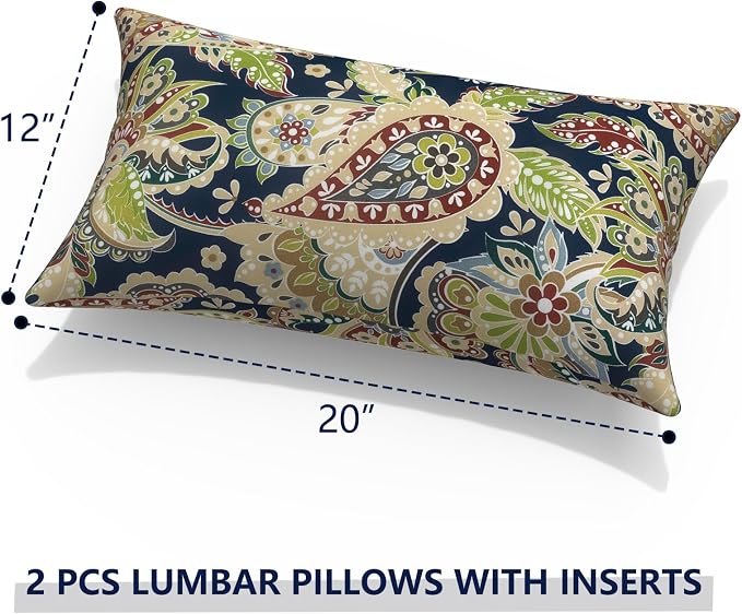 Outdoor Lumbar Pillows with Insert 12x20 Inch, Waterproof Throw Pillow for Patio Furniture, Decorative Lumbar Cushions for Garden Home Sofa Office Chair, Set of 2, Paisley Sapphire Blue