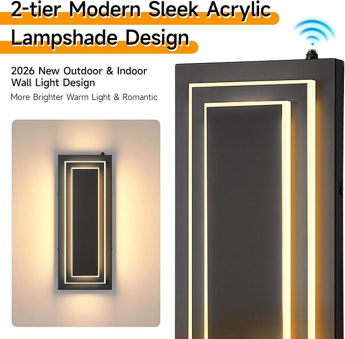 Dusk to Dawn Outdoor Wall Sconce,Outdoor Light Fixtures,16 in,24W | Black, Modern Square Exterior Lights Wall Mount For House,Garage ,Porch,Patio, With 3000K Warm White LEDs,Waterproof ,2 Packs