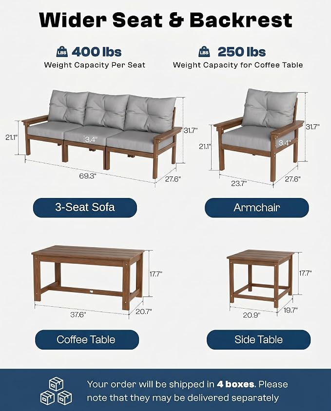 2-Piece Teak Patio Conversation Set, HDPE 3-Seat Sofa with Coffee Table, Teak Frame with Thick Beige Cushions, Outdoor Couch for Balcony